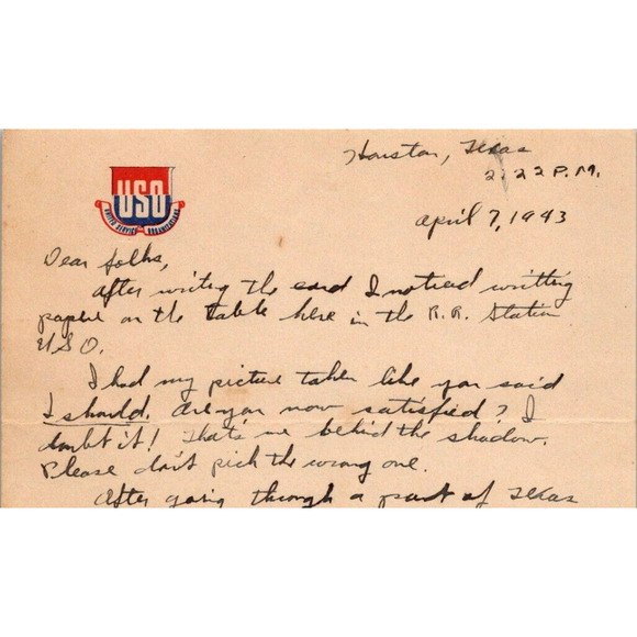 1943 WWII USO U S O Houston Texas Letterhead Soldiers Letter Home Correspondence - Picture 1 of 3